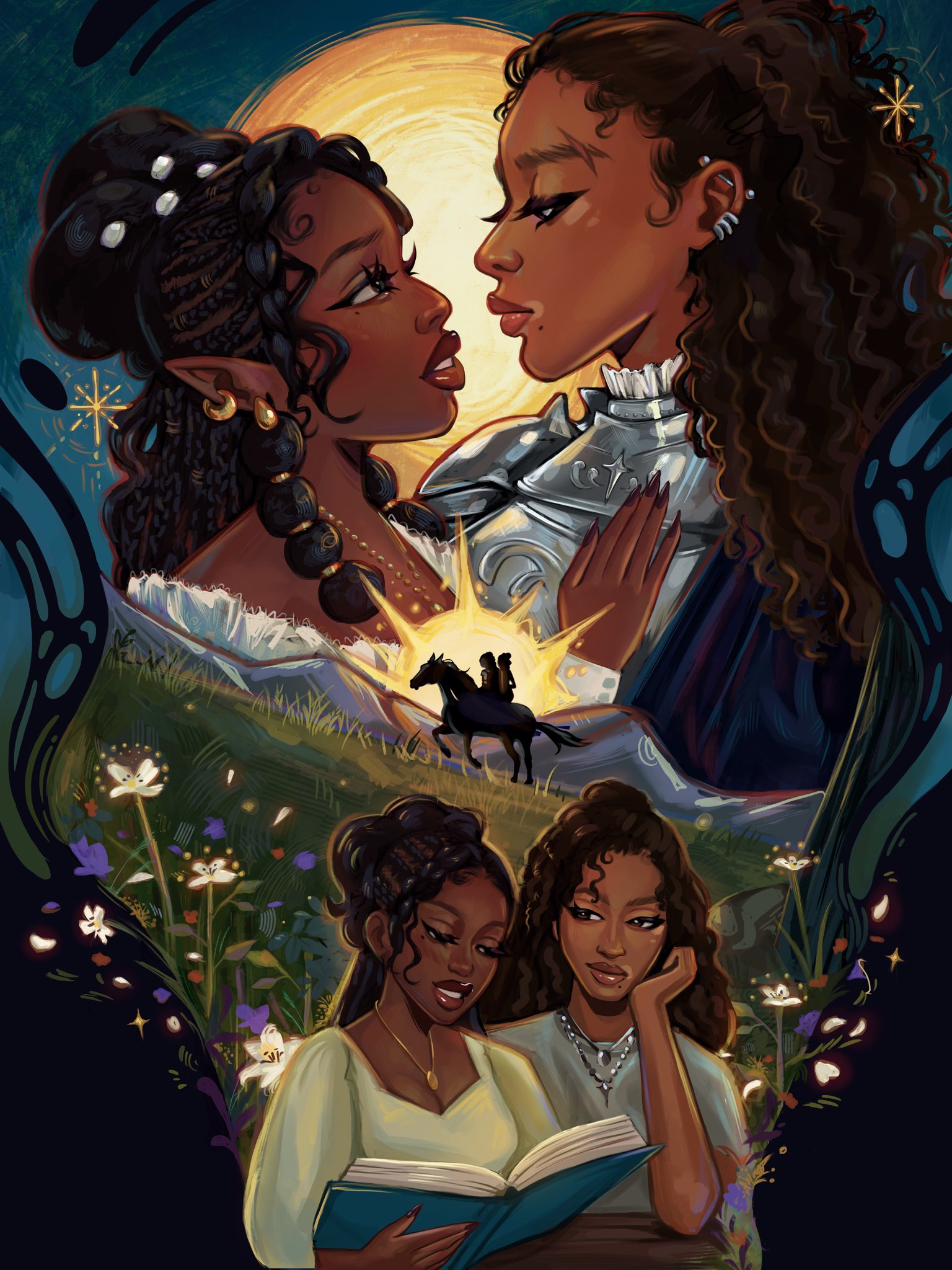 beautifully drawn picture of two black elvish women in love